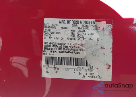 2010 Ford Ranger Xl/Xlt z USA, uszkodzony, nr VIN 1FTKR1ADXAPA67266